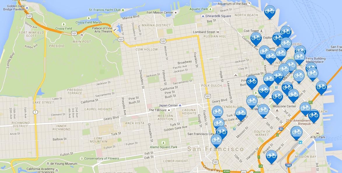 Mapa da área da baía de bicicleta