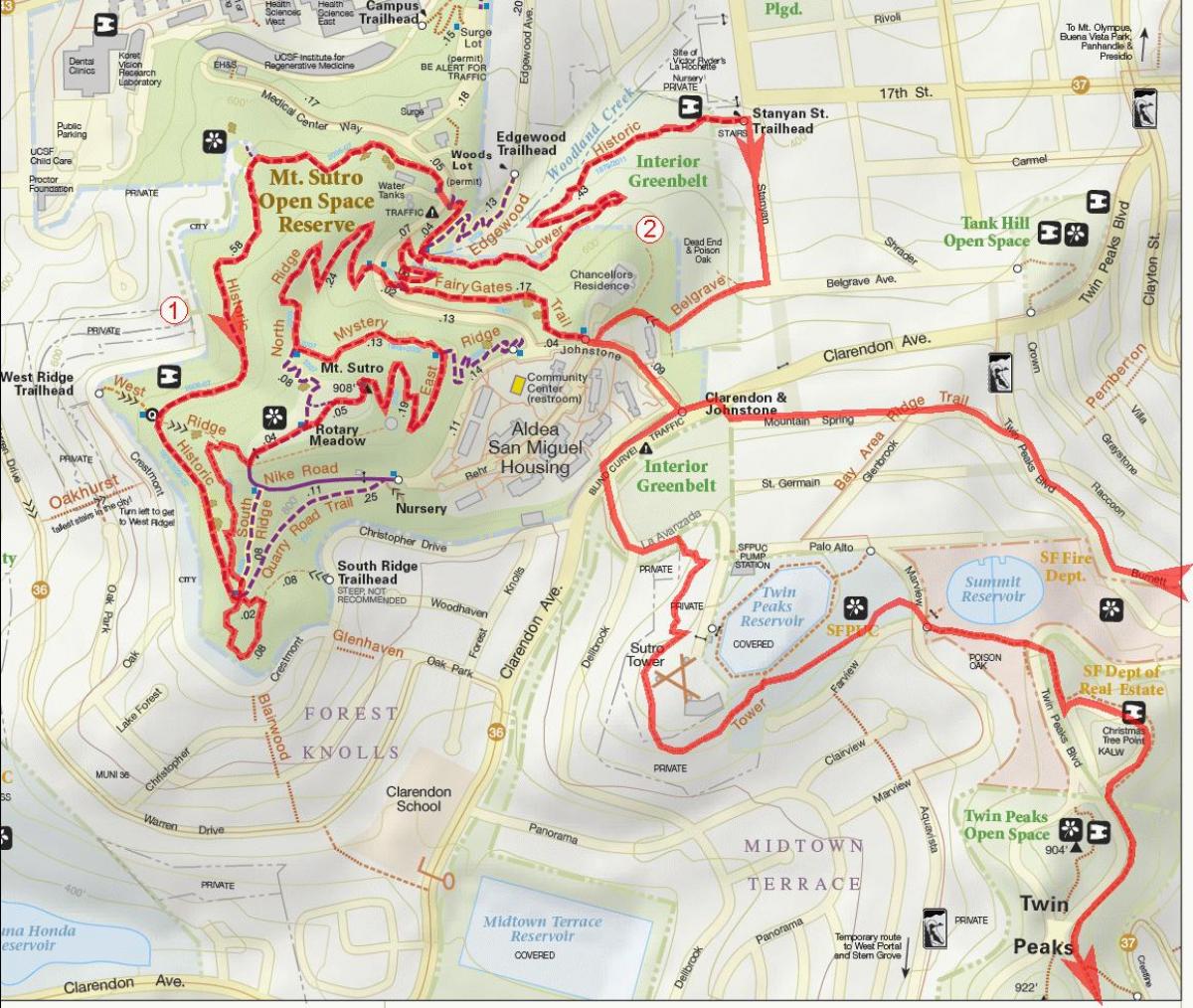 Mapa da área da baía de trilhas de bicicleta