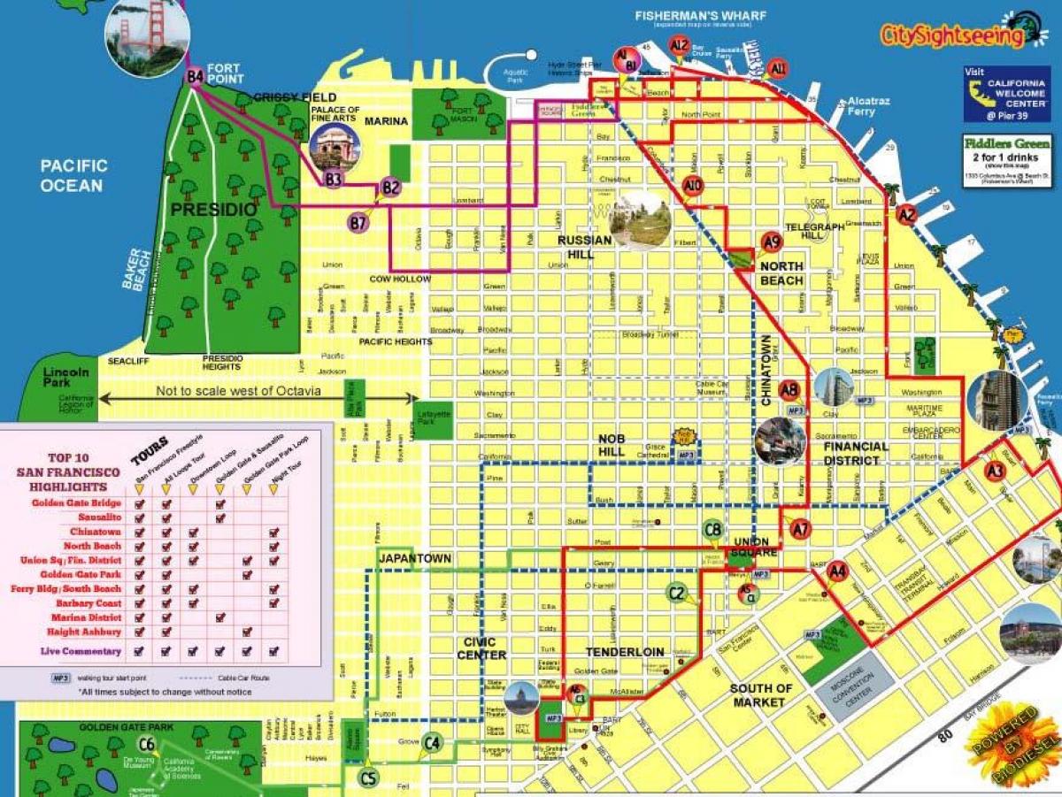 Mapa de pontos turísticos da cidade de San Francisco rota