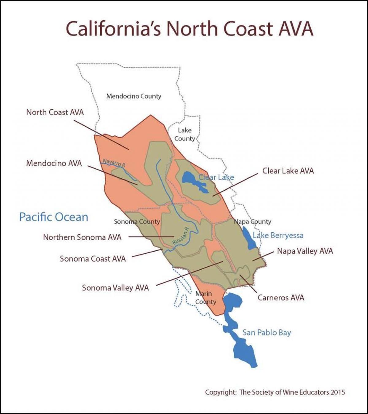 Mapa da califórnia, costa norte de San Francisco
