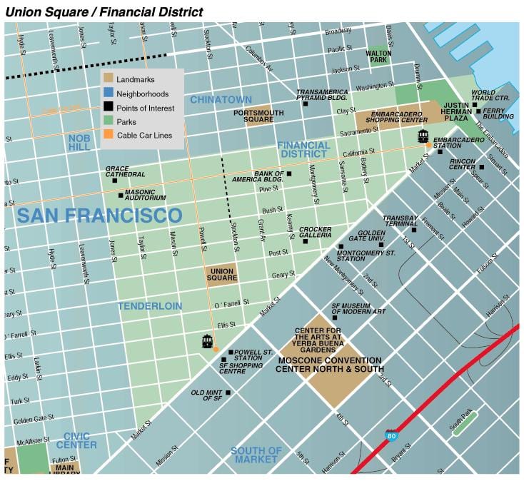 Mapa da union square, a área de San Francisco