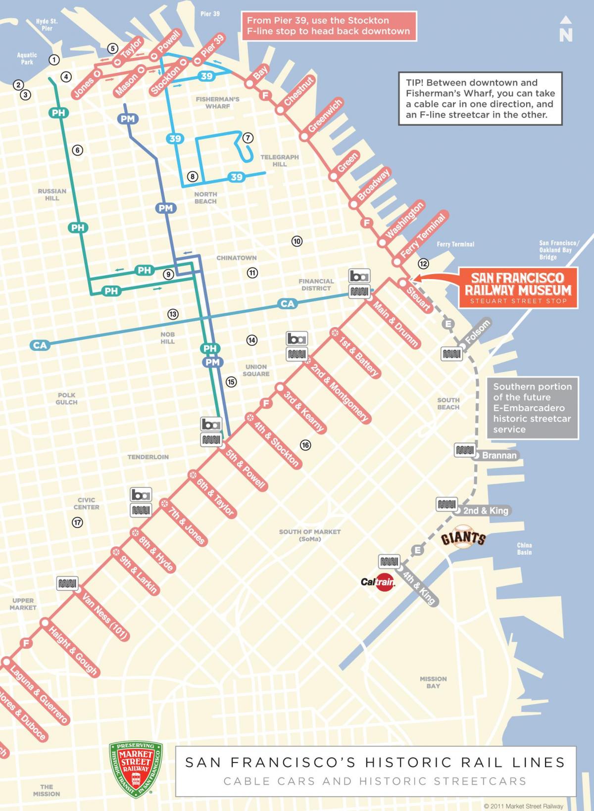 Mapa do teleférico rota San Francisco, ca